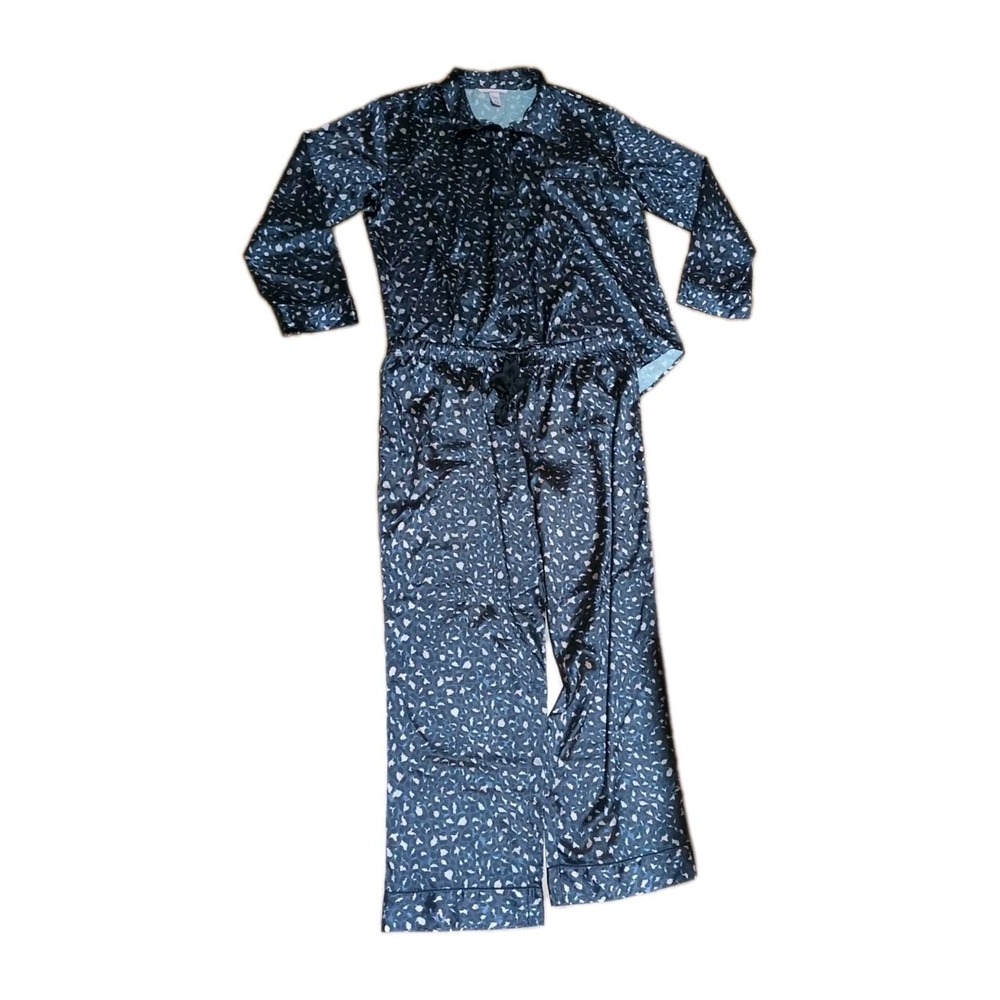Victoria's Secret Sz XL Afterhours Pajama Set Blue Cheetah Silky Satin Logo